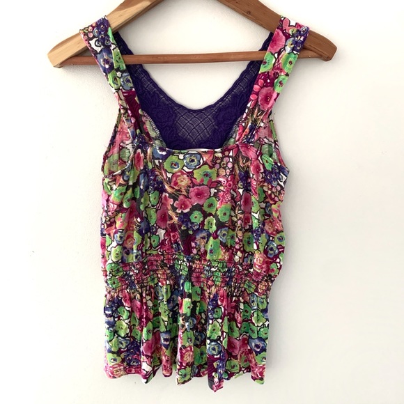 LUSH PURPLE LACE/ BRIGHT FLORAL SLEEVELESS TOP SM - Picture 2 of 7